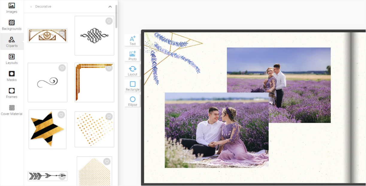 wedding photo guest book online editor theme with background and cliparts for DIY