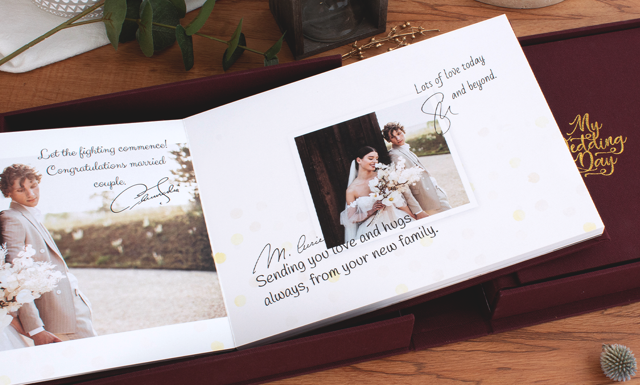 handmade wedding photo guest book with guest's handwritten notes and signature