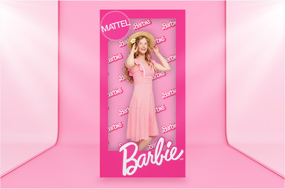 barbie model in a barbie box photo shoot