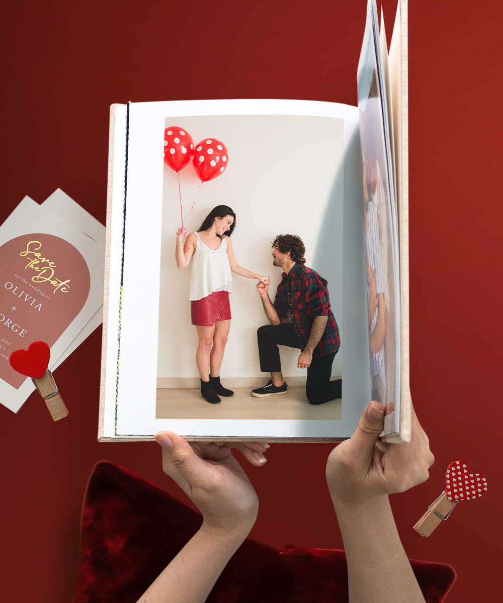 romantic engagement photo book with marriage proposal captured in luxury wedding album valentines day gift idea with red heart decoration